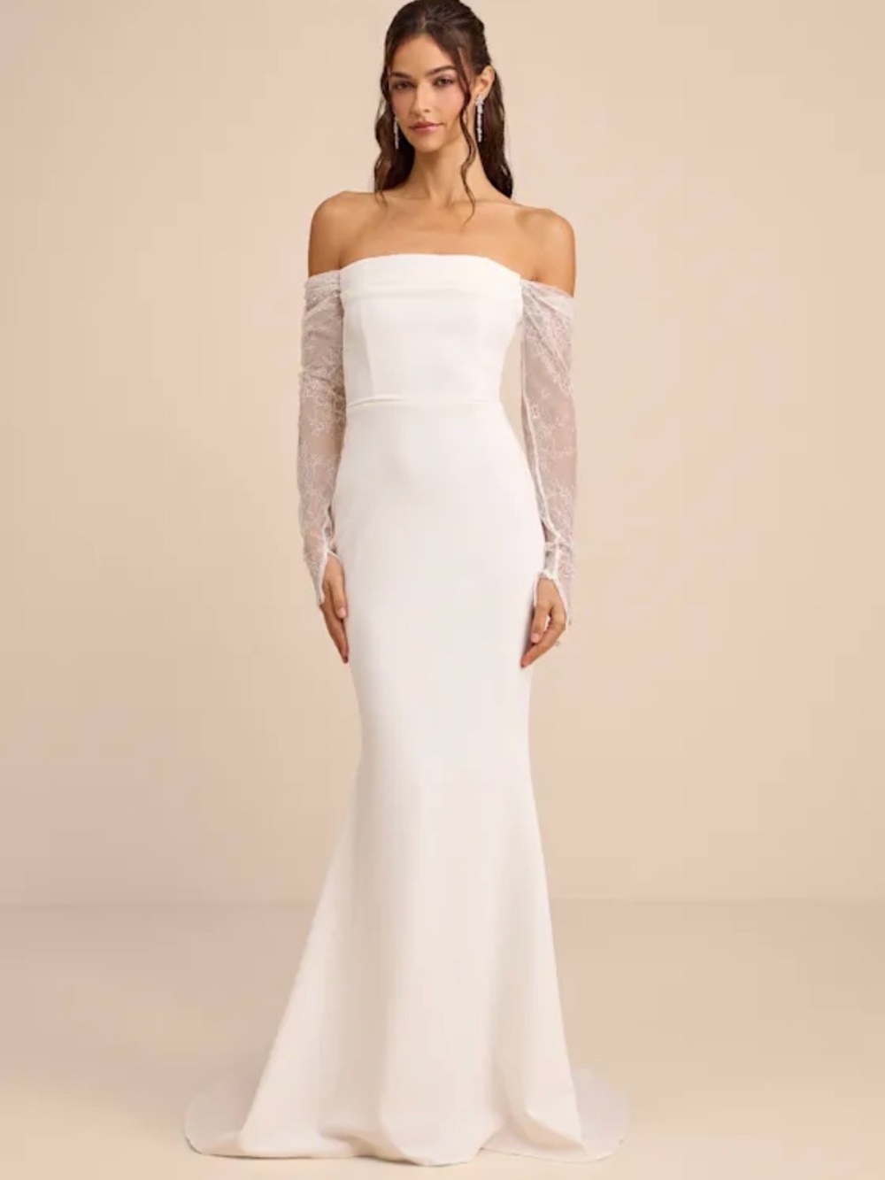NWOT Lulu's Strapless White Off-Shoulder Lace Long Sleeve Wedding Gown